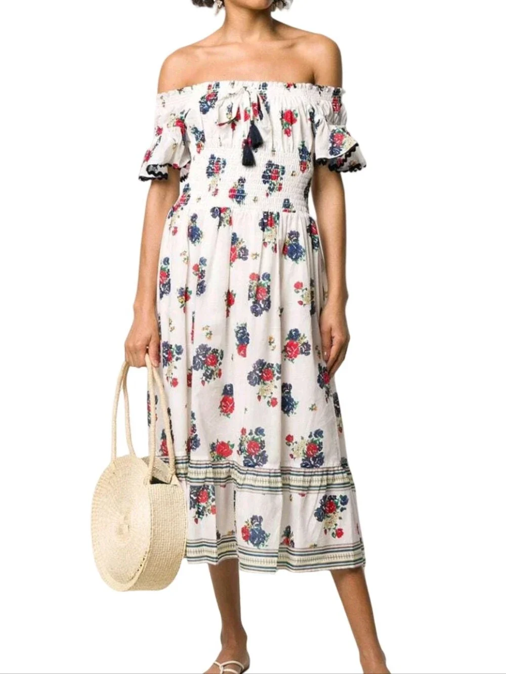 Tory Burch Meadow Folly Cotton Voile Midi Dress with a red and blue floral print